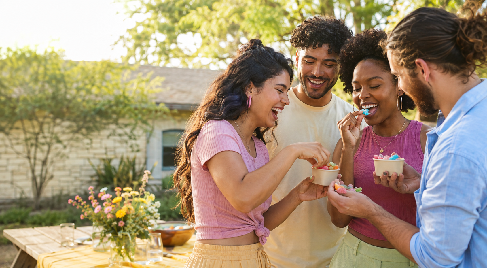 Friends sharing colorful CandyRama candy at a sunny backyard picnic