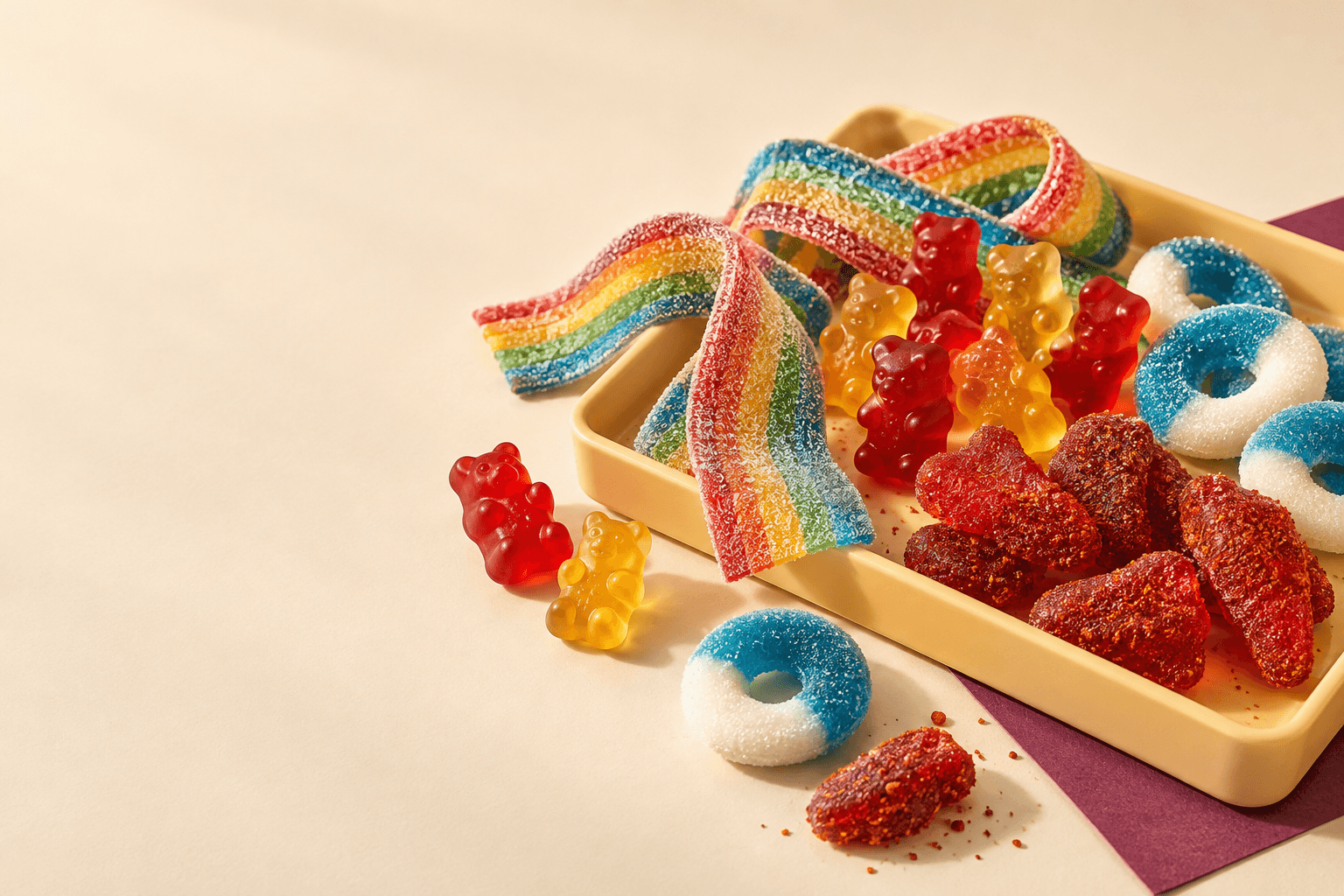Rainbow sour belts, fruit gummies, and spicy candy gathered on a yellow tray
