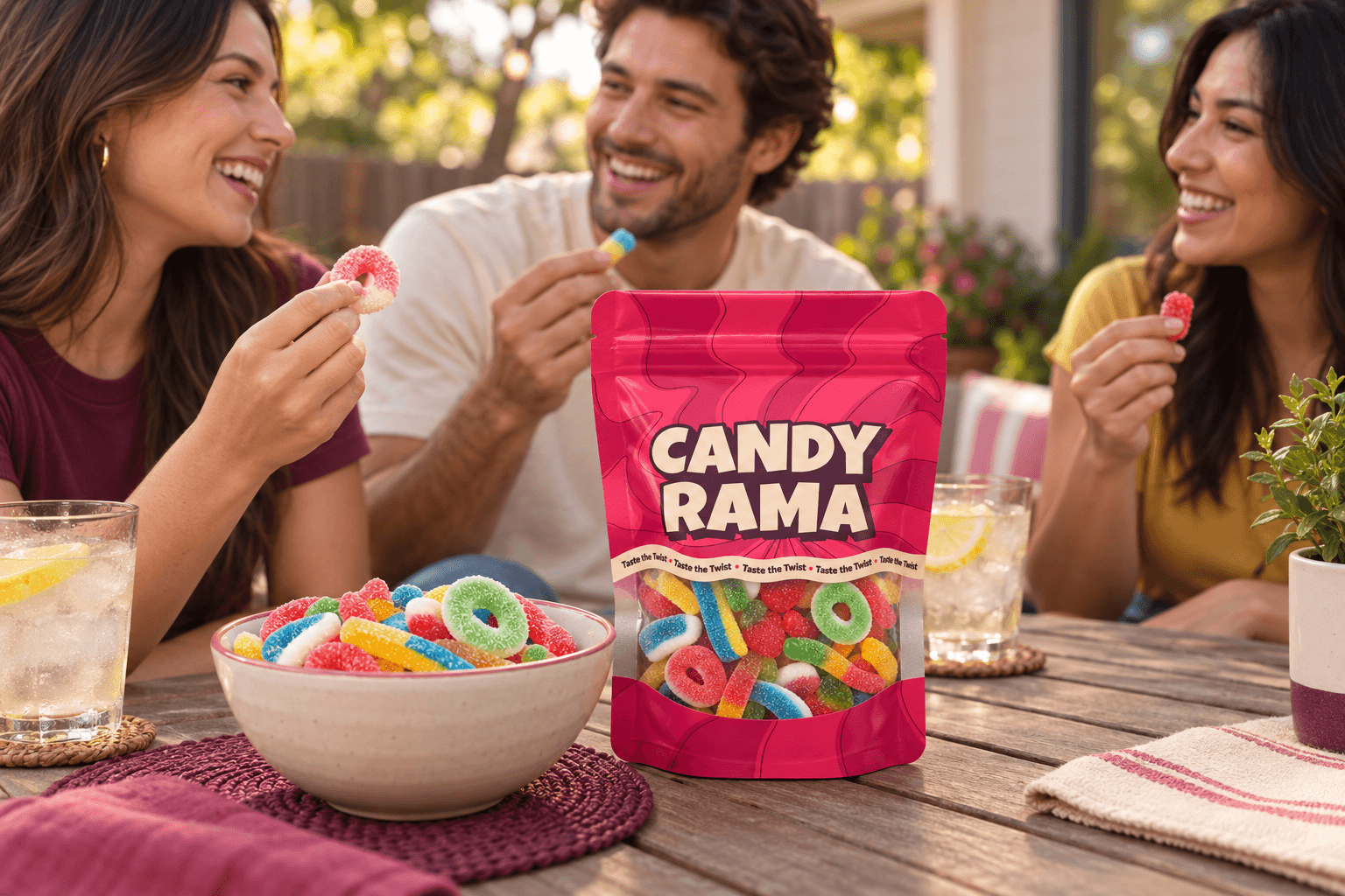 Friends sharing colorful candy around a sunny backyard table