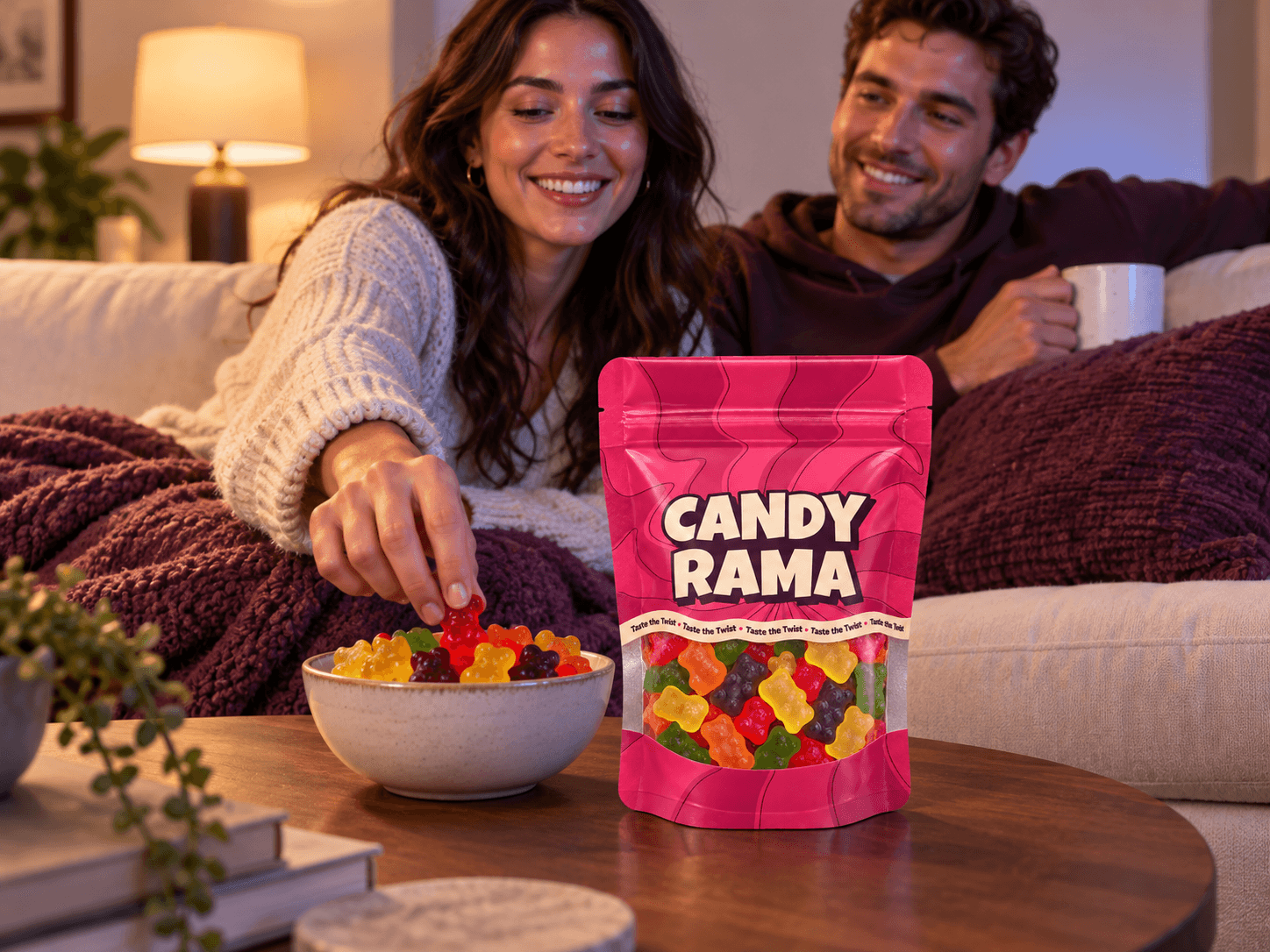 Candy Rama gummies and a pink pouch being shared at movie night