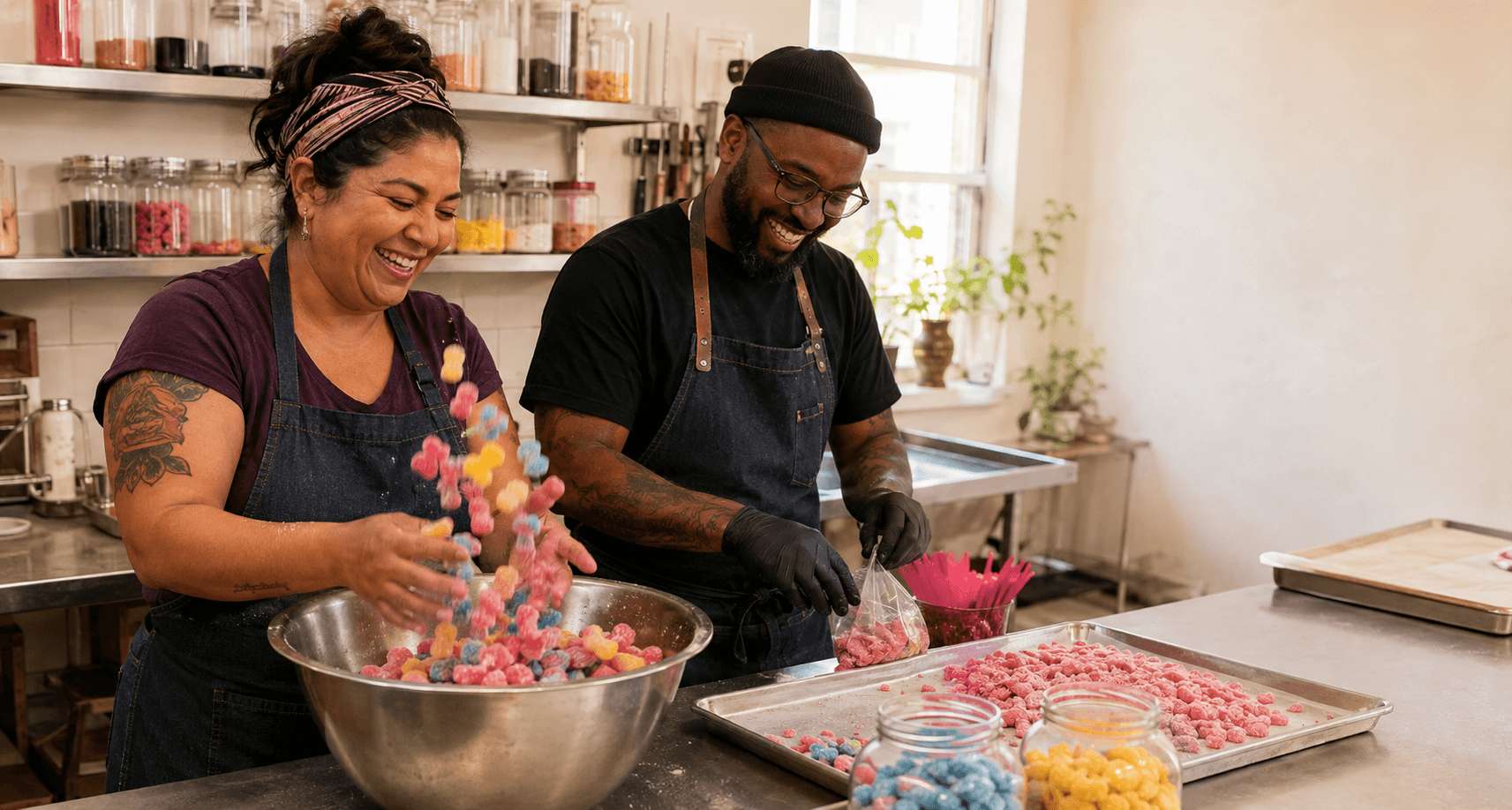 Candy makers tossing colorful gummies by hand in a small Texas workshop
