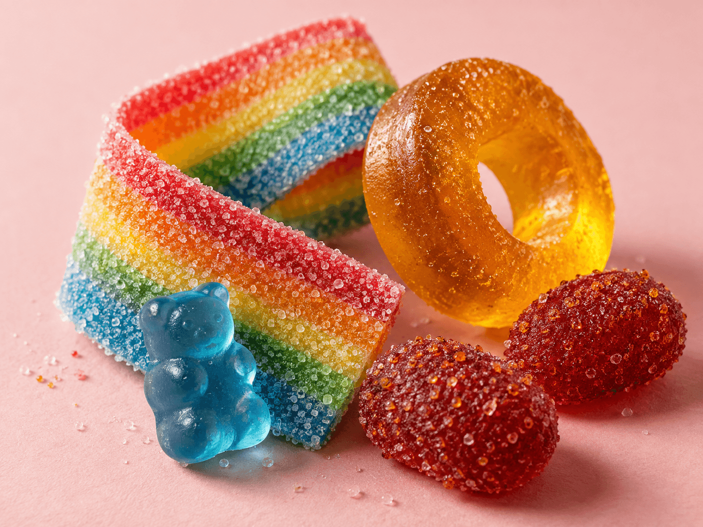 Rainbow sour belts, gummy rings, blue gummies, and spicy candy sparkling with sugar